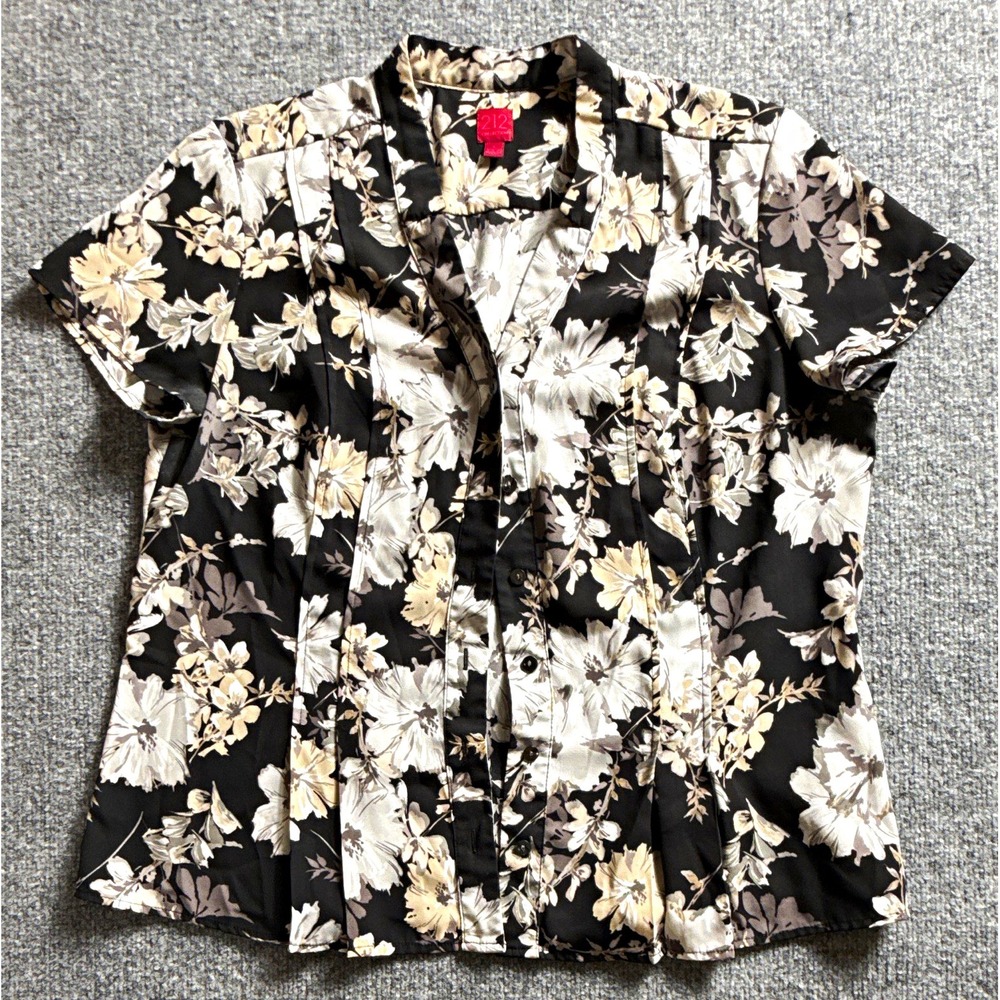 212 Collection Womens L Black/White/Beige Floral Collared Button-Down Blouse
